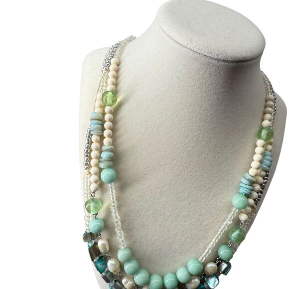 J. Jill Multi-Strand Necklace Aqua Ivory Layered Beaded Glass Pearl Ocean Sea - Picture 8 of 13